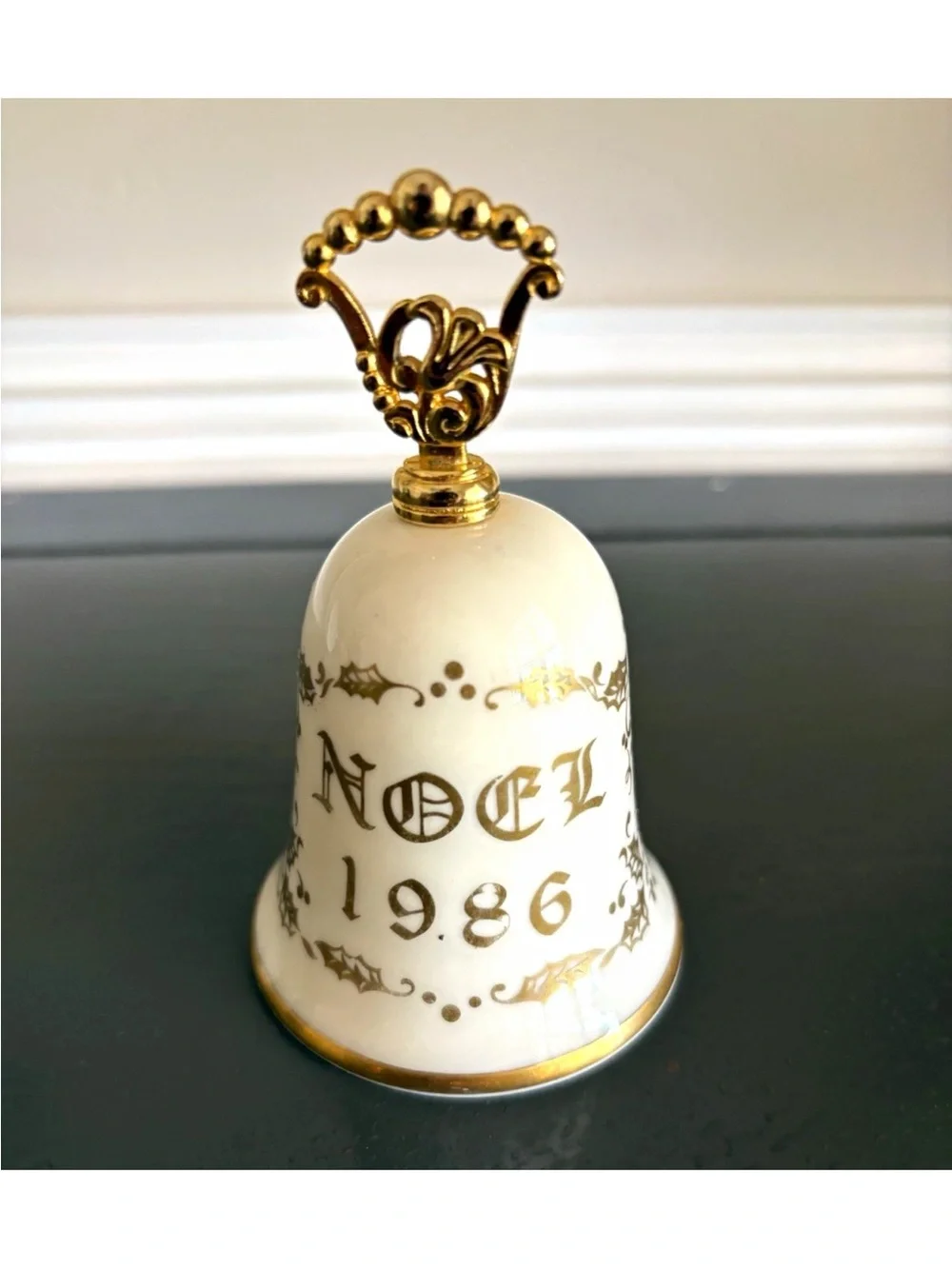 Gorham Cream and Gold Porcelain Holiday Bell with Sleigh Scene